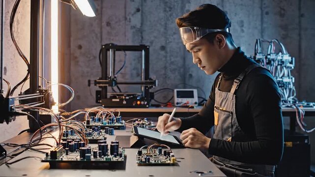 Young asian man in electronics lab, writing notes beside circuit boards and test gear, focused engineering workflow, modern maker culture, STEM education