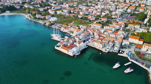 Ka&scaron;tilac Castle on the water Ka&scaron;tel Gomilica in Croatia, Split - 4K aerial drone view - tourist location filmed in Game of Thrones