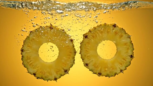 Fresh pineapple rings splashing into golden liquid with air bubbles and motion