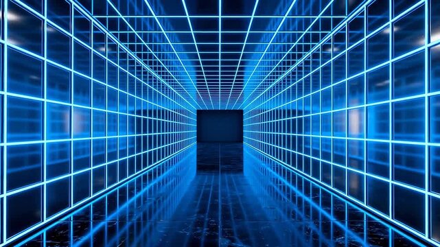 Blue neon grid tunnel