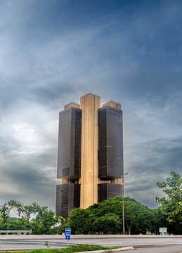 Brazil, Brasilia, DF, February 7, 2026. Central Bank of Brazil isolated against a dramatic backdrop.