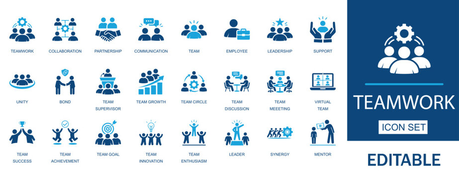 Teamwork and Business Collaboration icon set. Contains symbols for business partnership, strategy, success, and management. Solid vector icons for leadership, synergy and workflow.