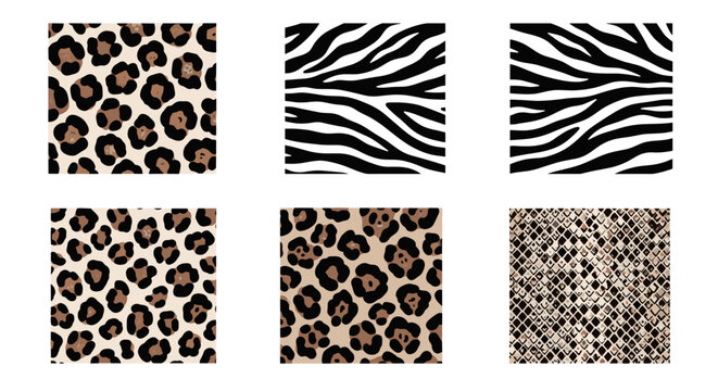 A collection of six animal print patterns including zebra and leopard designs on a