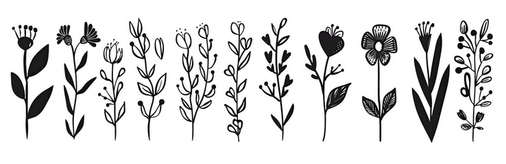 Fototapeta premium Floral botanical hand-drawn sketch art with white background for patterns