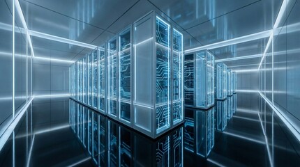 Obraz premium Modern Abstract Glass Server Room with Blue LED Lights