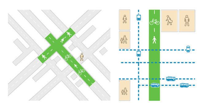 A vector graphic illustration of a city street map with pedestrian and bicycle lanes