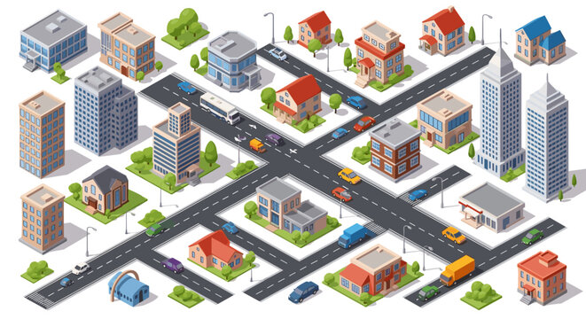 A vibrant and colorful vector illustration of a cityscape with buildings and roads