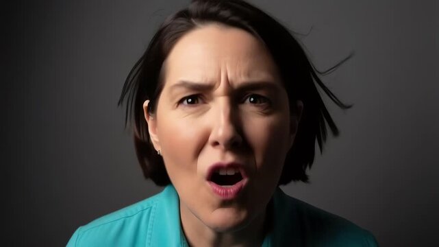 Expressive studio portrait video of an adult woman showing a shocked reaction with strong frontal lighting and tight framing