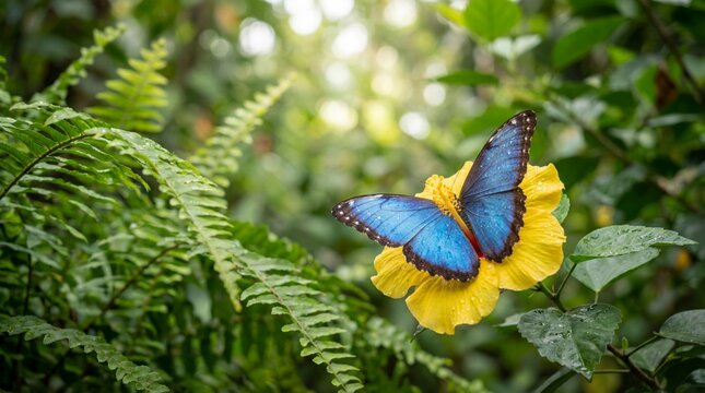 Two vibrant blue morpho butterflies resting on a bright yellow hibiscus flower in a lush green tropical garden with dappled sunlight.