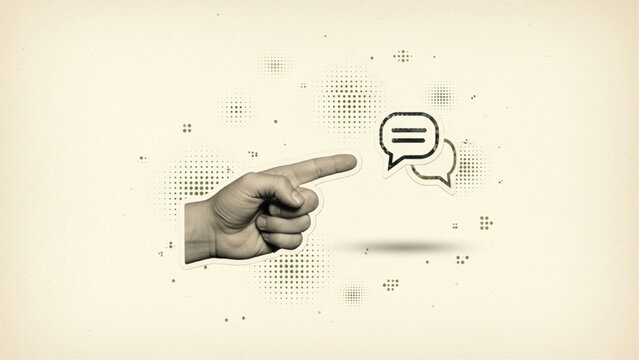 Halftone hand pointing at speech bubble icon on beige background