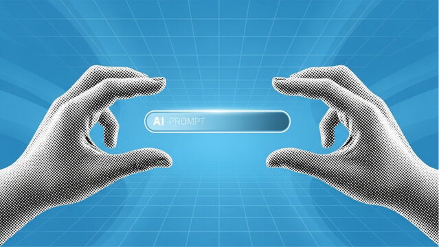 Halftone Hands Progress Bar AI Technology Blue Grid Background
