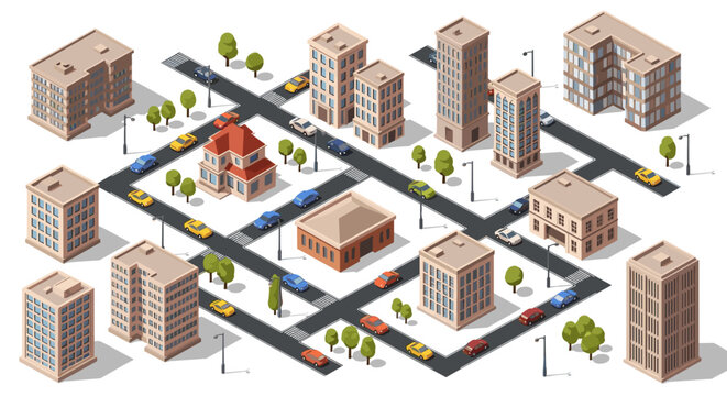 A 3D isometric illustration of a city block with buildings and roads on a