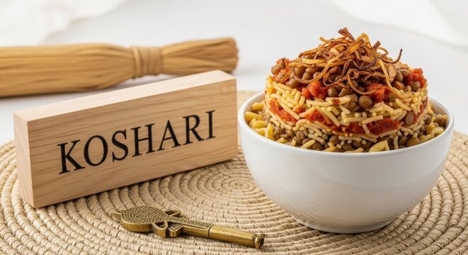 Traditional Egyptian Koshari with Crispy Onions and Tomato Sauce on Sabah Mat