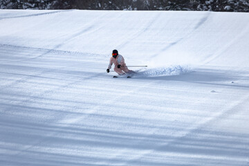新雪のゲレンデにシュプールを描くスキーヤー