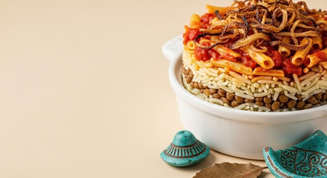 Traditional Koshari with Crispy Onions and Tomato Sauce on Warm Beige Copy Space