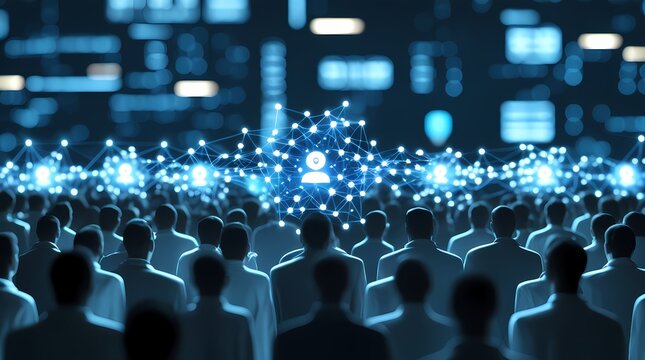 blue person icon and abstract blue nodes connection on crowd with bokeh background