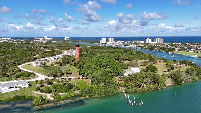 Flying by Jupiter lighthouse at Jupiter Inlet in Palm Beach County, Florida. 