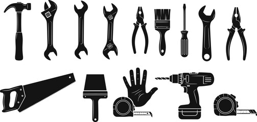 Obraz premium Black silhouettes of hand tools and DIY equipment collection isolated on white background featuring hammer, wrench, drill, saw, pliers for repair and construction design concepts