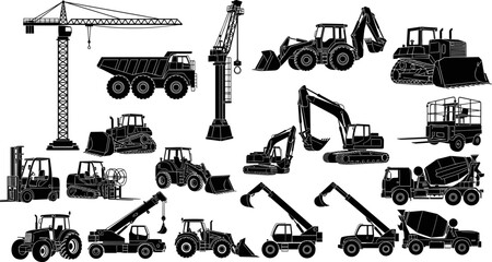 Construction machinery silhouettes set featuring cranes excavators bulldozers loaders dump trucks and industrial vehicles for building engineering infrastructure illustration projects industry © Goutom