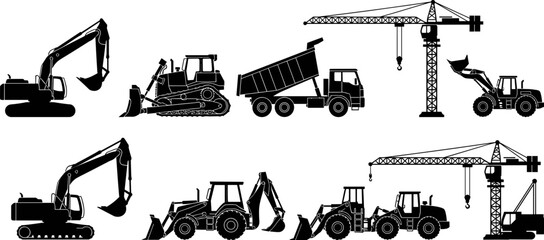Construction machinery silhouettes set featuring excavators bulldozers dump trucks tower cranes and loaders for industrial building sites earthmoving engineering vector illustration collection © Goutom