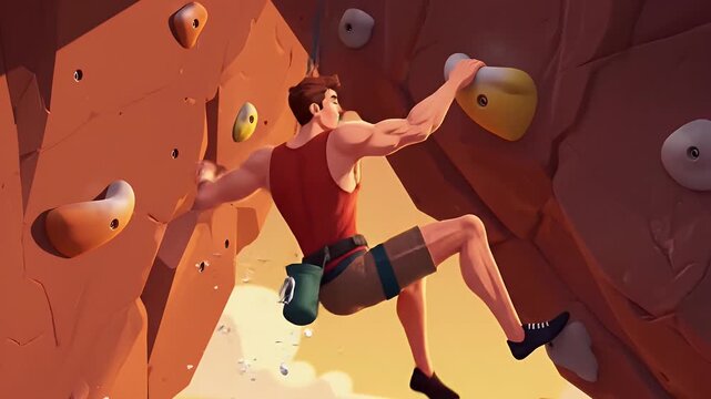 Determined man rock climbing on artificial wall at sunset