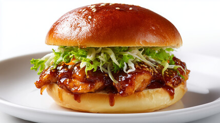 白い皿に盛り付けられた照り焼きソースたっぷりのジューシーなチキンとシャキシャキレタスの本格テリヤキバーガー