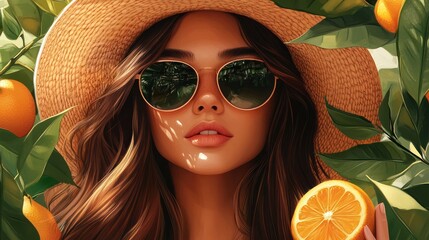 Beautiful Woman in Orange Grove Wearing Sun Hat and Sunglasses.