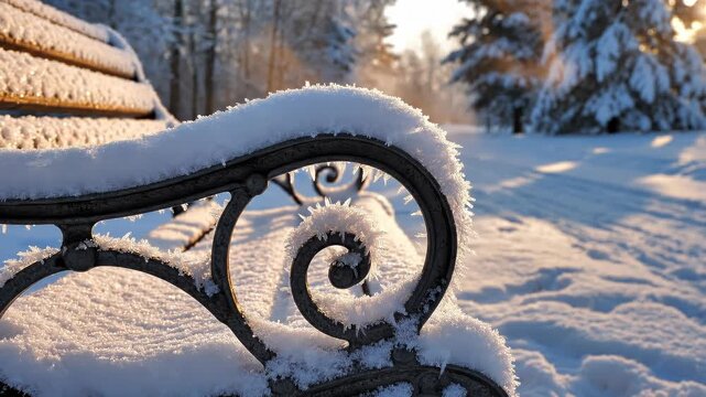 Snow covered park bench closeup with frosty ironwork.