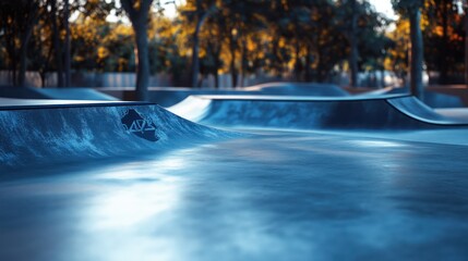 Skatepark with ramps and bowls at sunset.