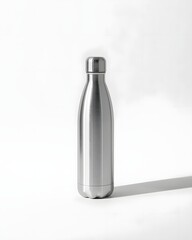 Stainless steel reusable water bottle mockup isolated on light background, minimal product shot with soft shadow, modern eco friendly drink container
