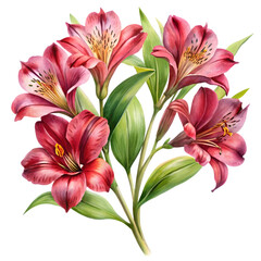 Fototapeta premium A beautiful bouquet of vibrant red alstroemeria flowers with green leaves, painted in watercolor style.