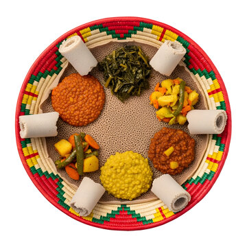 Traditional Ethiopian meal with injera bread and various stews.