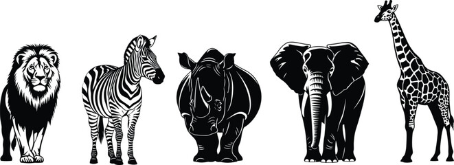 African safari animal silhouettes lion zebra rhinoceros elephant giraffe wildlife vector set isolated black nature illustration collection design © MdTajemul