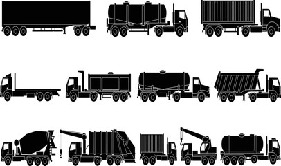 Industrial truck silhouettes collection showing cargo, tanker, dump, crane and container vehicles isolated on white background for logistics, transportation, construction and commercial fleet design © Sarsoti