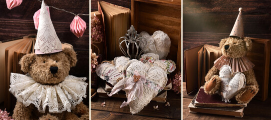 Banner with vintage style teddy bears and handicraft heart decors