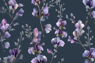 Floral Pattern with Purple Petals and Branch Elements on Dark Grey Backdrop in a Repeating Design for Textile Printing or Background Design