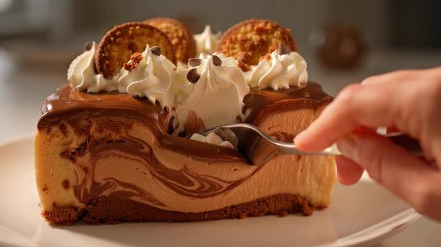 Indulgent layered cheesecake bite with chocolate ganache and whipped cream showing rich dessert textures and joyful sweet moments expressed in creamy delight and happiness