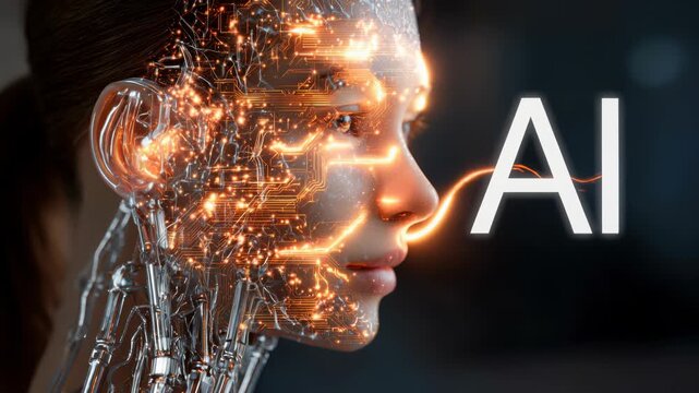 Portrait of a woman's face set against a circuit background symbolizing the intersection of humanity and technology