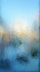Frosted Glass Window with Blue Tones and Abstract Outdoor Scene Blurred Through Condensation