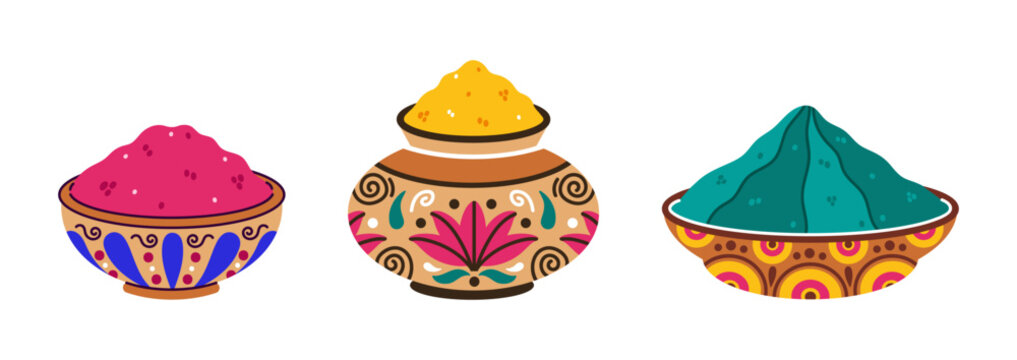 Gulal powder set of vector illustrations. Vibrant dye for the Indian festival of Holi. A clay pots with ethnic ornaments. Colorful dust, ritual pigment. Cartoon clip art, spring holiday of colors