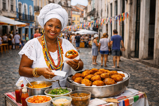Baiana sorridente vendendo acaraj&eacute; em rua hist&oacute;rica durante festa popular