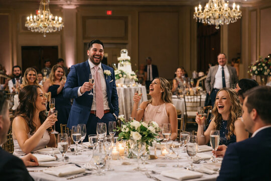 Brinde animado durante recep&ccedil;&atilde;o de casamento em sal&atilde;o elegante