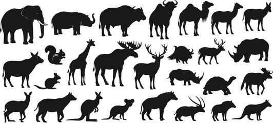 Wildlife animal silhouette vector collection safari zoo mammals set elephant giraffe deer rhino camel kangaroo nature illustration bundle