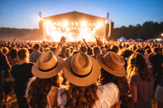 P&uacute;blico em festival de m&uacute;sica ao ar livre ao p&ocirc;r do sol