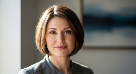 Fototapeta premium Portrait of professional woman with short brown hair in natural light