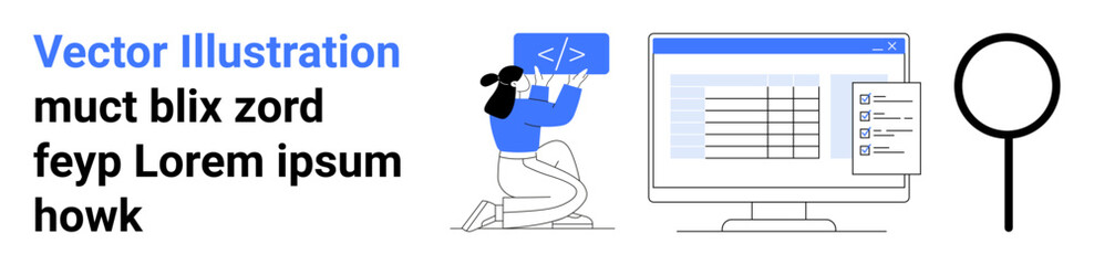 Software development, coding, debugging, data management, information technology, and web development. Person holding code inside a monitor and magnifying glass. Software development and coding © robu_s