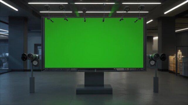 A large green screen monitor on a stand in a modern office space with video equipment