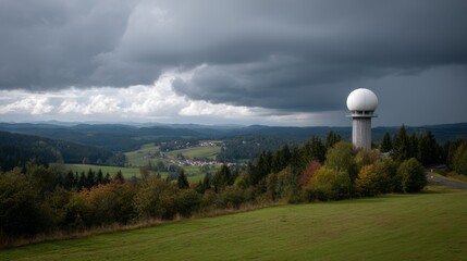 Weather Radar Dome on Hill Under Dramatic Cloudy Sky with Mountain Landscape View