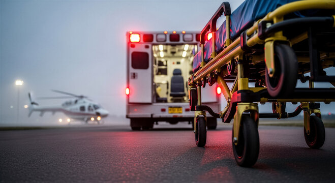 Emergency medical services scene with ambulance and helicopter on tarmac