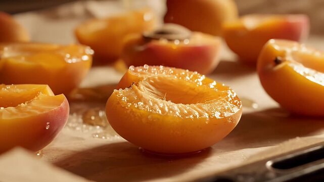 Close-up view of halved ripe apricots sprinkled with sugar on a baking sheet